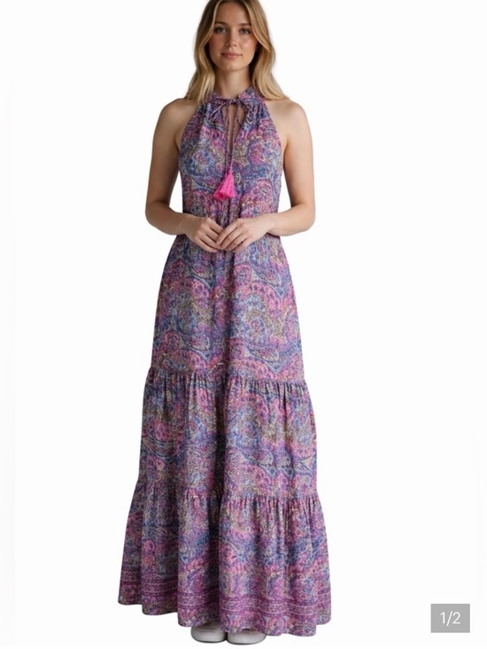 boemo Dresses & Skirts - Boho Tie-Neck Maxi Dress in Purple Paisley